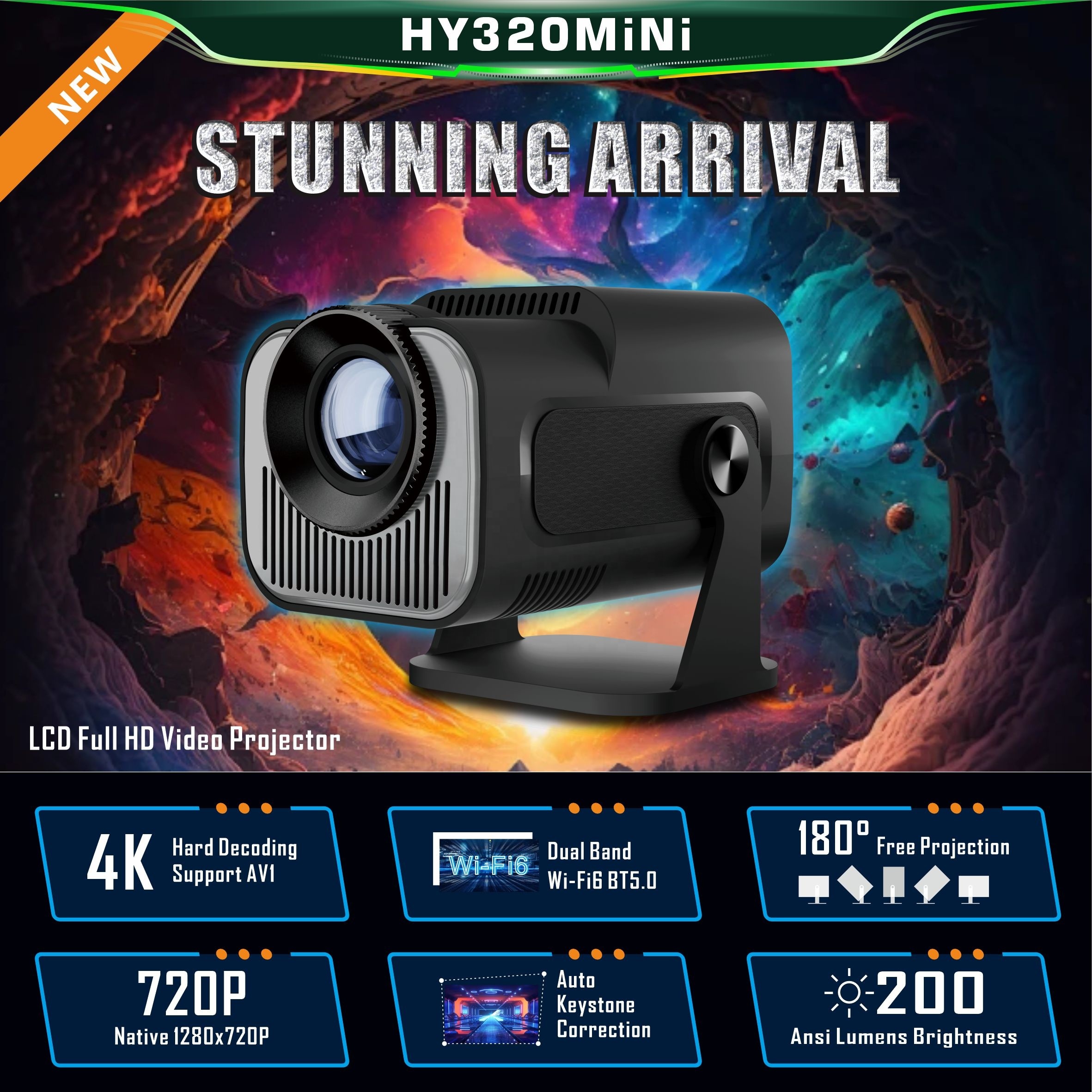 Imagen de Proyector Smart HY320Max Android 14 Full HD 1080P con 400 ANSI Lumens y WiFi 6